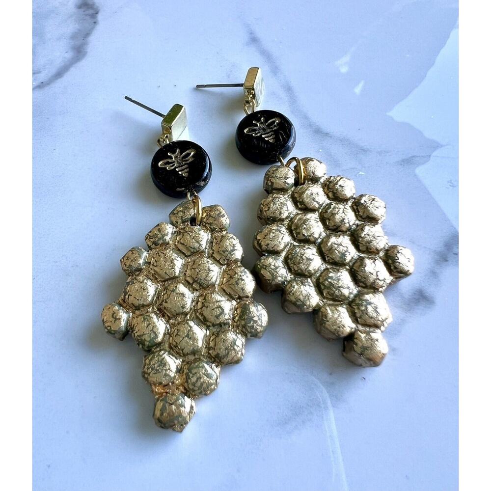 Handmade Polymer Clay Earrings Handcrafted Artwork Bee Honeycomb